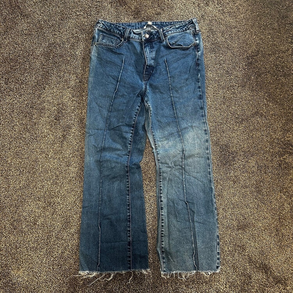Ophelia Roe Jeans Womens 14 Blue Excellent Seamed Wide Leg Raw Hem Denim